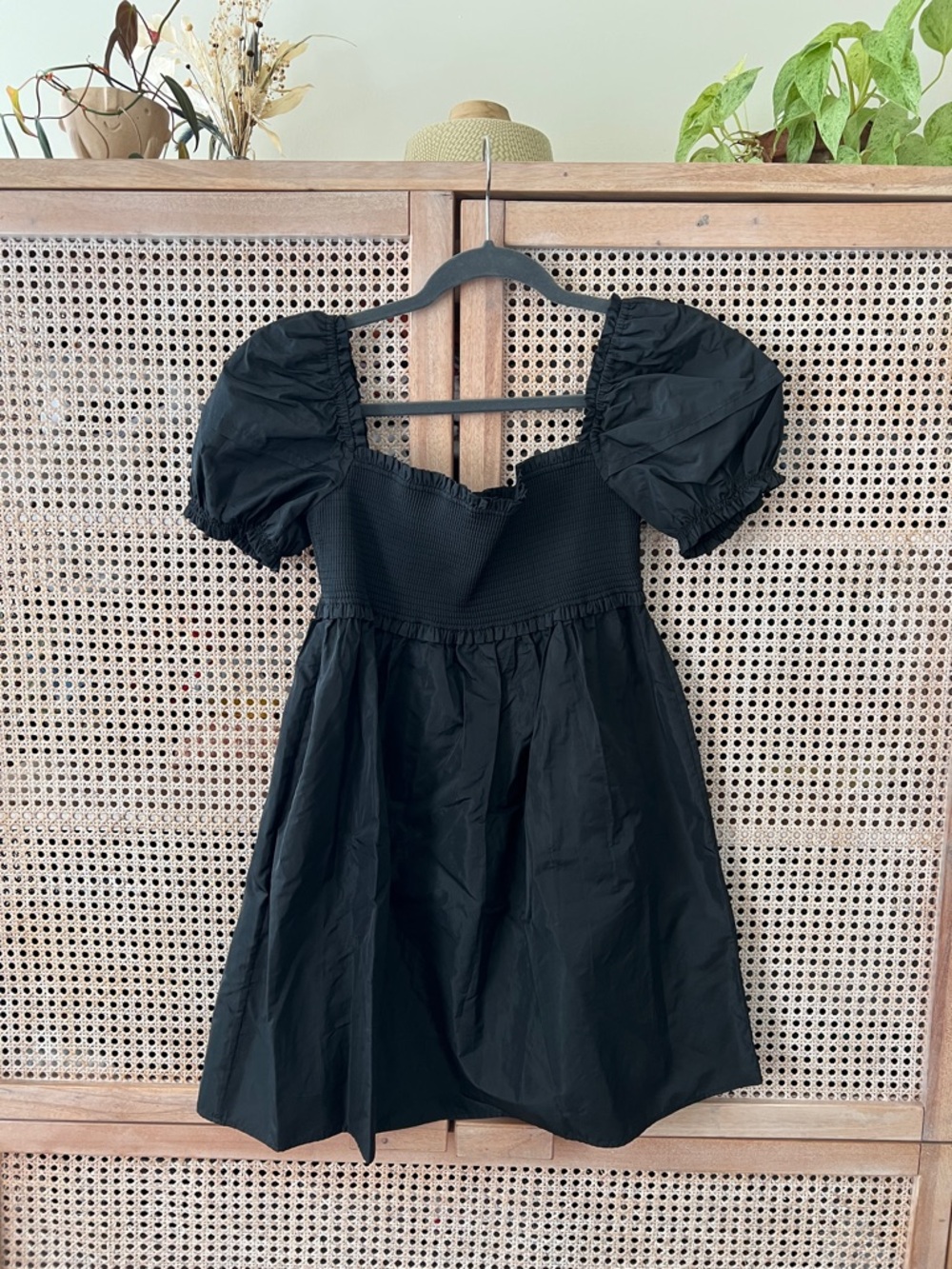 Aritzia Smocked Bodice Puff Sleeve Mini Dress - Black